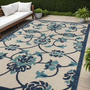 Homeroots 5' X 8' Blue Floral Non Skid Indoor Outdoor Area Rug Navy,Blue,Off,White Polypropylene 517449