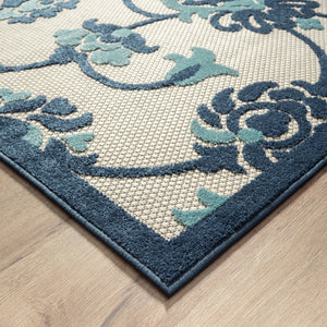 Homeroots 5' X 8' Blue Floral Non Skid Indoor Outdoor Area Rug Navy,Blue,Off,White Polypropylene 517449