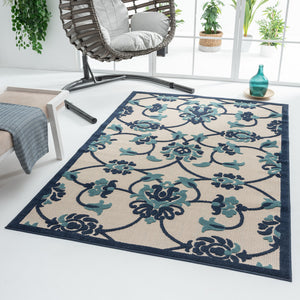 Homeroots 5' X 8' Blue Floral Non Skid Indoor Outdoor Area Rug Navy,Blue,Off,White Polypropylene 517449