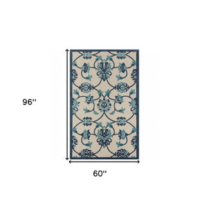 Homeroots 5' X 8' Blue Floral Non Skid Indoor Outdoor Area Rug Navy,Blue,Off,White Polypropylene 517449