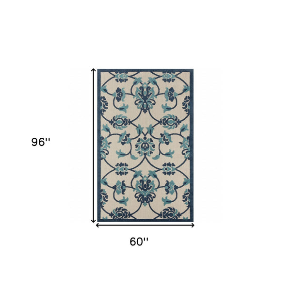 Homeroots 5' X 8' Blue Floral Non Skid Indoor Outdoor Area Rug Navy,Blue,Off,White Polypropylene 517449