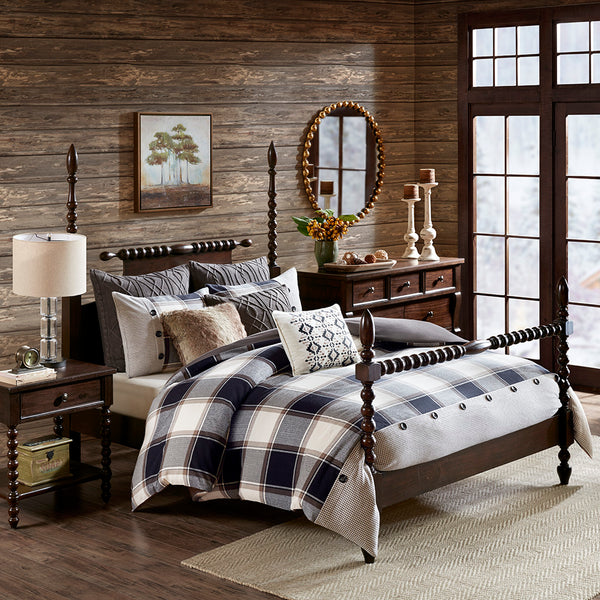 JLA Home Madison Park Signature - Cotton Plaid Jacquard Comforter Set with Button Accents, Overfilled Hypoallergenic Insert, Farmhouse Chic 96 L x 110 W x 1.5H MPS10-346