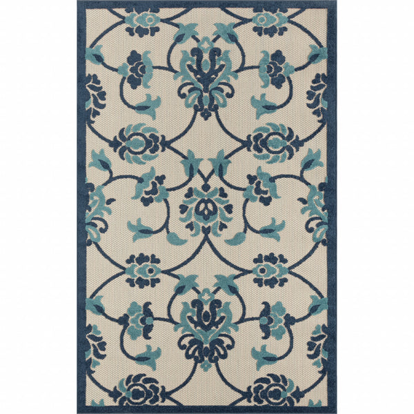 Homeroots 8' X 10' Blue Floral Non Skid Indoor Outdoor Area Rug Navy,Blue,Off,White Polypropylene 517450