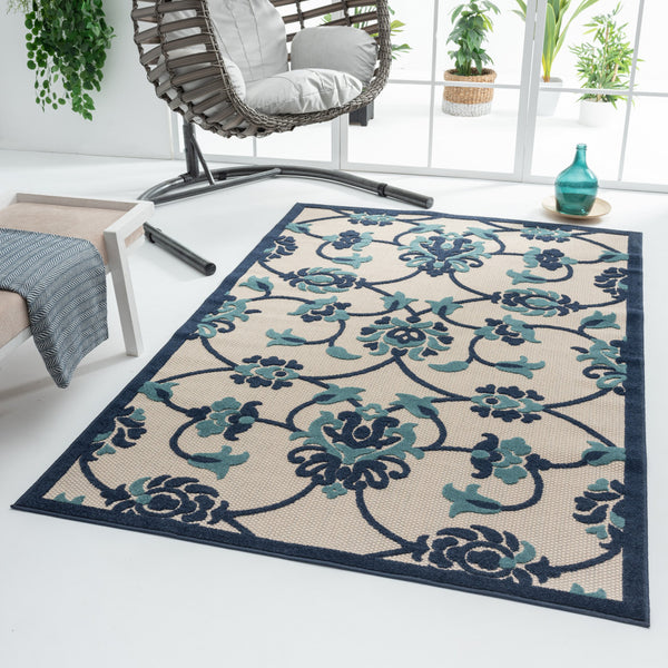 Homeroots 8' X 10' Blue Floral Non Skid Indoor Outdoor Area Rug Navy,Blue,Off,White Polypropylene 517450