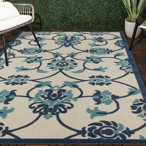 Homeroots 8' X 10' Blue Floral Non Skid Indoor Outdoor Area Rug Navy,Blue,Off,White Polypropylene 517450