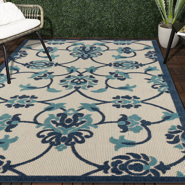 Homeroots 8' X 10' Blue Floral Non Skid Indoor Outdoor Area Rug Navy,Blue,Off,White Polypropylene 517450