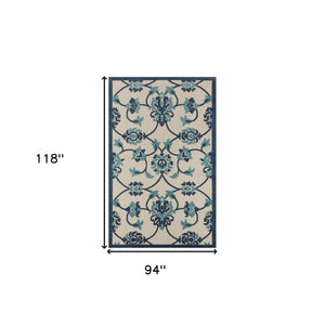Homeroots 8' X 10' Blue Floral Non Skid Indoor Outdoor Area Rug Navy,Blue,Off,White Polypropylene 517450