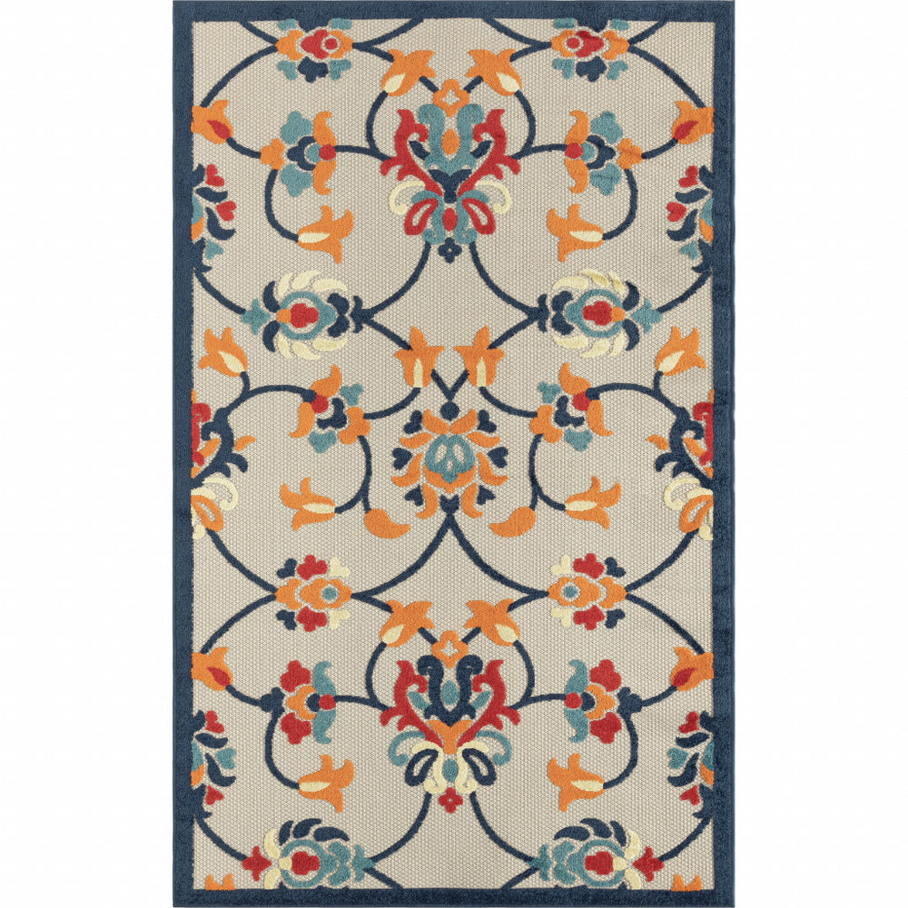 Homeroots 5' X 8' Blue And Orange Floral Non Skid Indoor Outdoor Area Rug Navy,Orange,Red,Off,White Polypropylene 517453