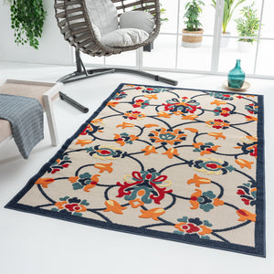 Homeroots 5' X 8' Blue And Orange Floral Non Skid Indoor Outdoor Area Rug Navy,Orange,Red,Off,White Polypropylene 517453