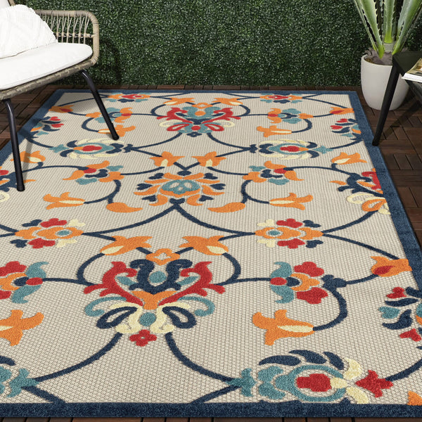 Homeroots 5' X 8' Blue And Orange Floral Non Skid Indoor Outdoor Area Rug Navy,Orange,Red,Off,White Polypropylene 517453
