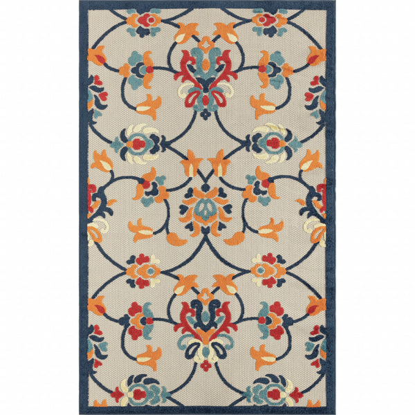 Homeroots 8' X 10' Blue And Orange Floral Non Skid Indoor Outdoor Area Rug Navy,Orange,Red,Off,White Polypropylene 517454