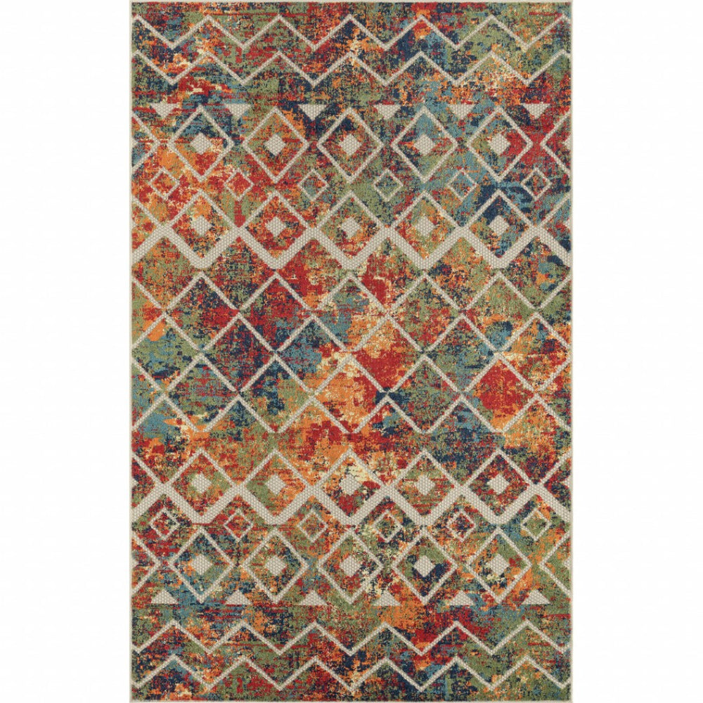 HomeRoots 5' Geometric Red and Ivory Non-Skid Area Rug - Stylish Indoor/Outdoor Décor for High-Traffic Spaces 7'10" x 9'10" 517457