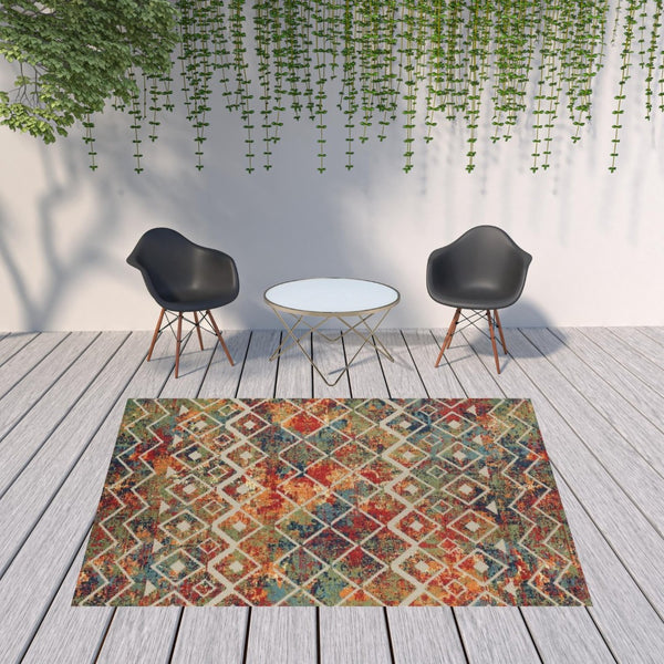 HomeRoots 5' Geometric Red and Ivory Non-Skid Area Rug - Stylish Indoor/Outdoor Décor for High-Traffic Spaces 7'10" x 9'10" 517457