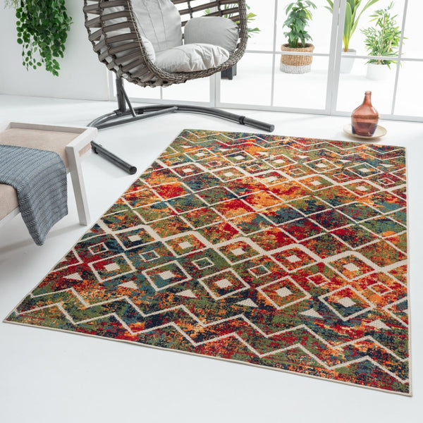 HomeRoots 5' Geometric Red and Ivory Non-Skid Area Rug - Stylish Indoor/Outdoor Décor for High-Traffic Spaces 7'10" x 9'10" 517457