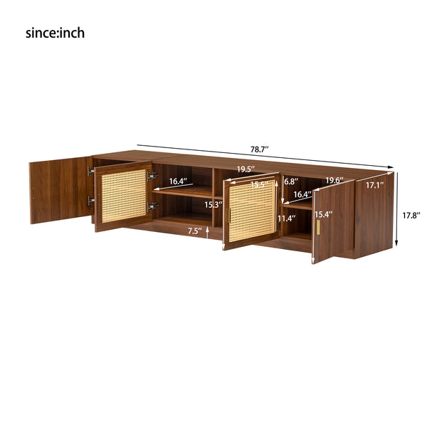 English Elm 78" TV Stand for TVs up to 85" — Walnut Media Console with Rattan Doors, Fluted Fronts & Adjustable Shelves N710P362196P