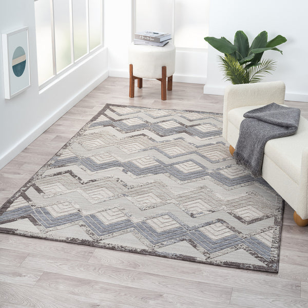 Homeroots 5' X 7' Blue And Ivory Chevron Indoor Outdoor Area Rug  Recycled P.E.T. 517482