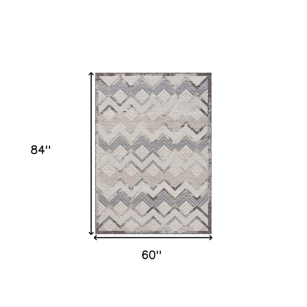 Homeroots 5' X 7' Blue And Ivory Chevron Indoor Outdoor Area Rug  Recycled P.E.T. 517482