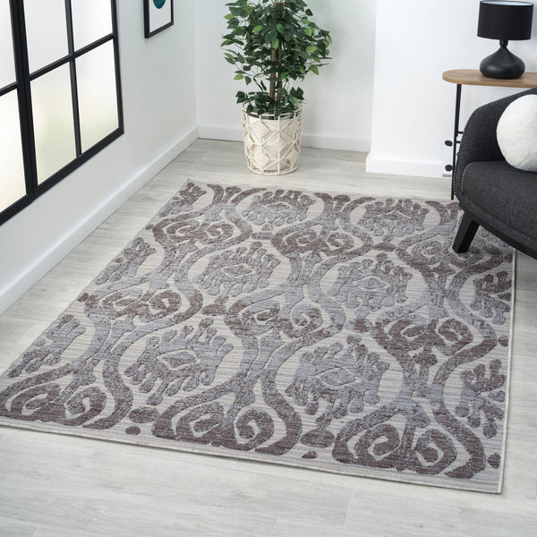 Homeroots 5' X 7' Blue And Gray Damask Indoor Outdoor Area Rug  Recycled P.E.T. 517484