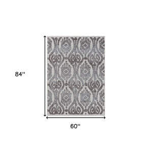 Homeroots 5' X 7' Blue And Gray Damask Indoor Outdoor Area Rug  Recycled P.E.T. 517484