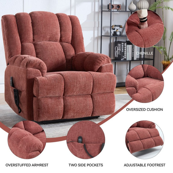 English Elm Dual Motor Power Lift Recliner Chenille Chair with Massage Heat and Infinite Positions Red W3224P288311