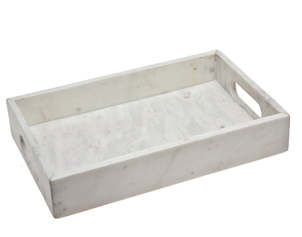 Homeroots 16" White Rectangular Marble Serving Tray With Handles   517534