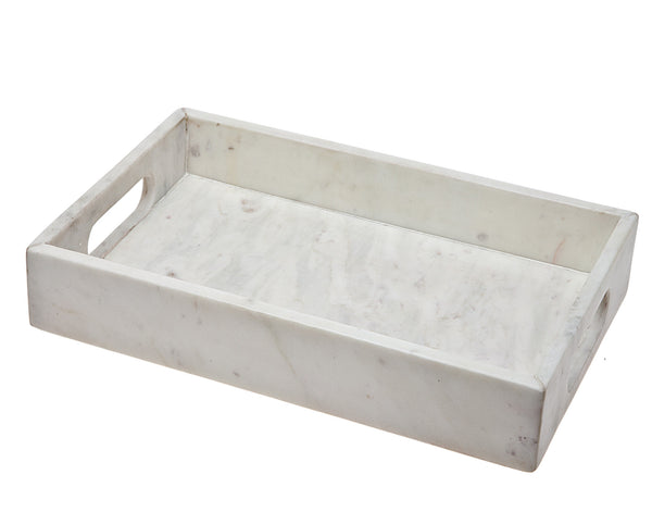 Homeroots 16" White Rectangular Marble Serving Tray With Handles   517534