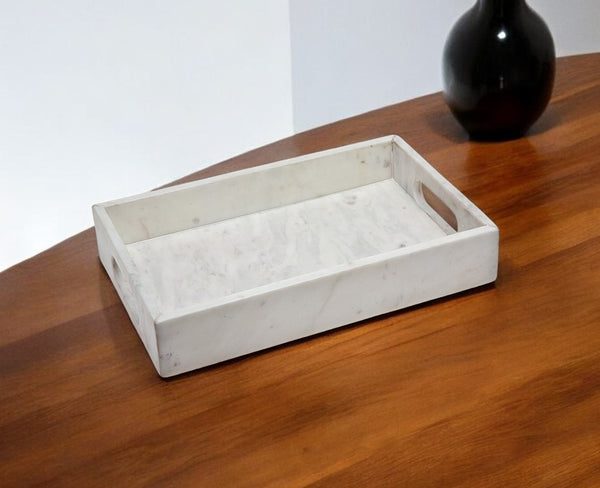 Homeroots 16" White Rectangular Marble Serving Tray With Handles   517534