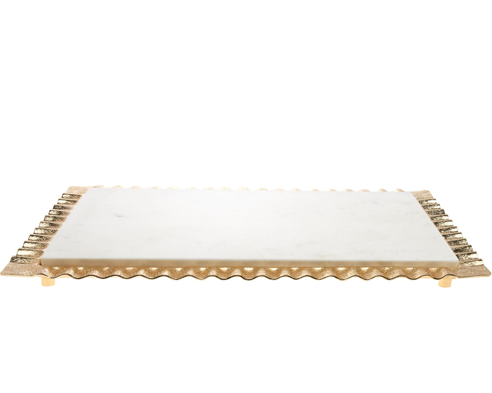 Homeroots 18" White And Gold Rectangular Marble Serving Tray   517543
