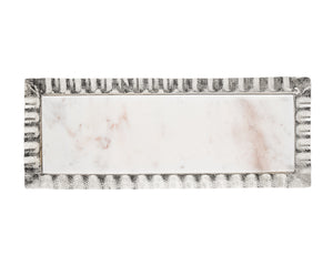 Homeroots 18" White And Silver Rectangular Marble Serving Tray   517544