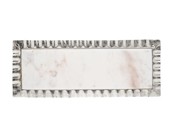 Homeroots 18" White And Silver Rectangular Marble Serving Tray   517544