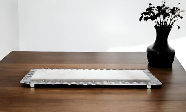 Homeroots 18" White And Silver Rectangular Marble Serving Tray   517544