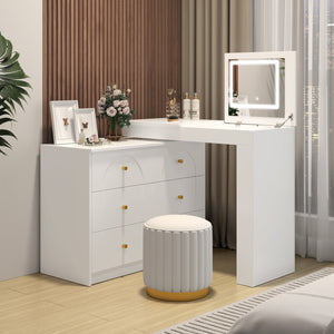 English Elm Vanity LED Mirror Desk with Flip-Top Dual Function, 7 Drawers & Multiple Shelves for Organized Glam White 32.28 L x 19.69 W x 8.86 H N733S363650K