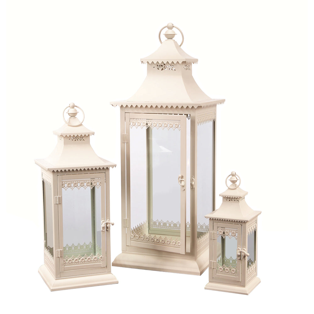 Homeroots Set Of Three Ivory Glass And Metal Ornate Floor Lantern Candle Holders   517552
