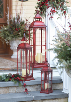 Homeroots Set Of Three Red Glass And Metal Ornate Floor Lantern Candle Holders   517553