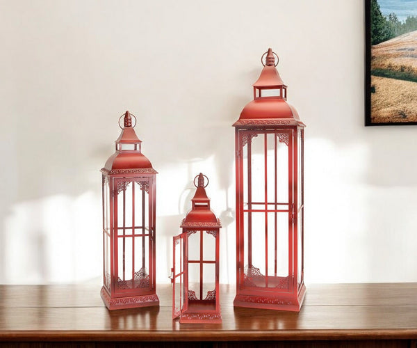 Homeroots Set Of Three Red Glass And Metal Ornate Floor Lantern Candle Holders   517553