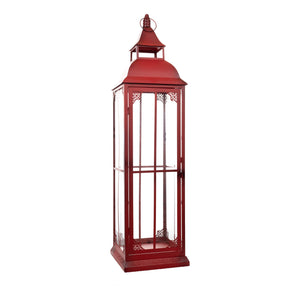 Homeroots Set Of Three Red Glass And Metal Ornate Floor Lantern Candle Holders   517553