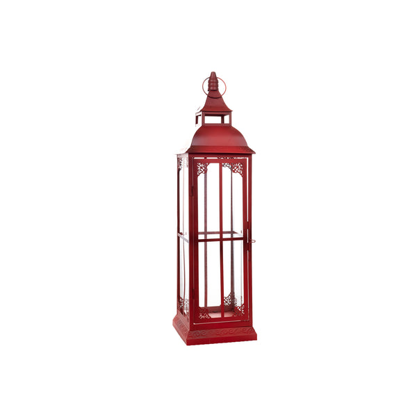 Homeroots Set Of Three Red Glass And Metal Ornate Floor Lantern Candle Holders   517553