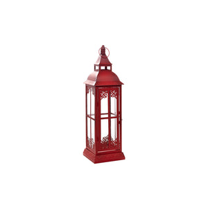Homeroots Set Of Three Red Glass And Metal Ornate Floor Lantern Candle Holders   517553