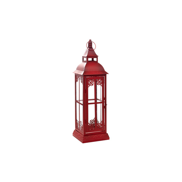 Homeroots Set Of Three Red Glass And Metal Ornate Floor Lantern Candle Holders   517553