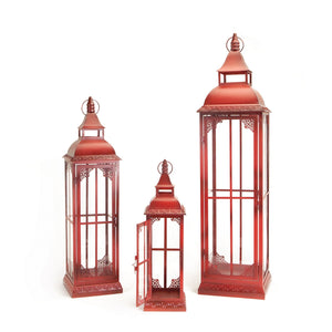 Homeroots Set Of Three Red Glass And Metal Ornate Floor Lantern Candle Holders   517553
