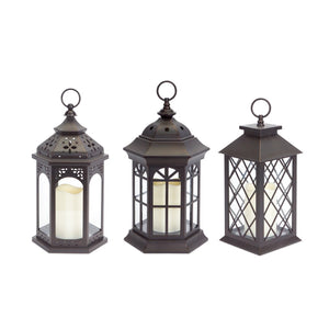 HomeRoots Set of Three Dark Brown Distressed Lantern Candle Holders with Ornate Design – Perfect for Any Space! 517555