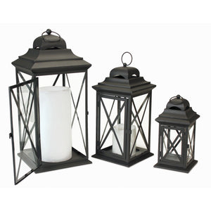 Homeroots Set Of Three Black Iron And Glass Geometric Floor Lantern Candle Holders   517556