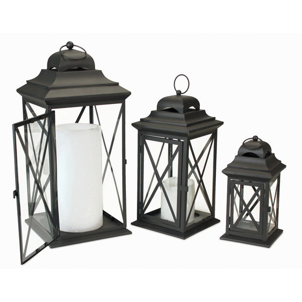 Homeroots Set Of Three Black Iron And Glass Geometric Floor Lantern Candle Holders   517556