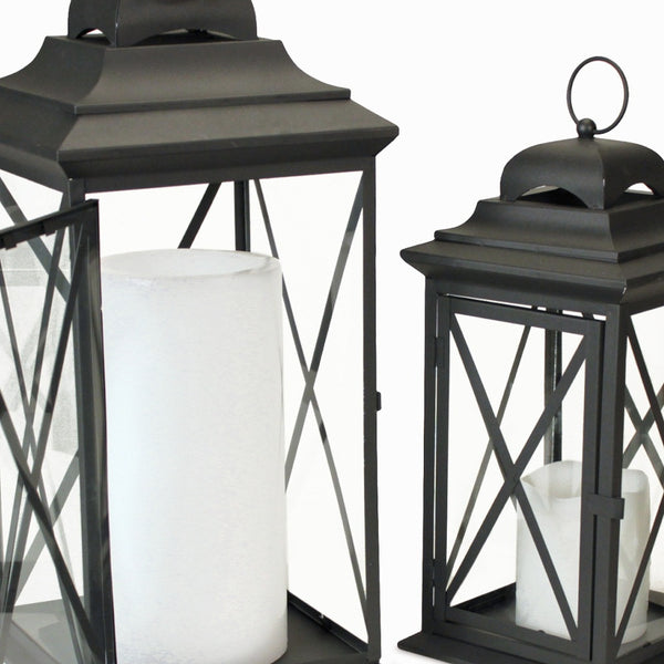 Homeroots Set Of Three Black Iron And Glass Geometric Floor Lantern Candle Holders   517556