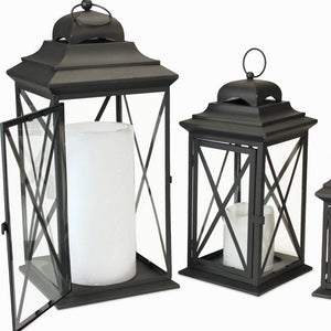 Homeroots Set Of Three Black Iron And Glass Geometric Floor Lantern Candle Holders   517556