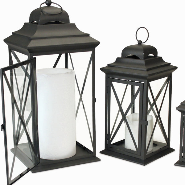 Homeroots Set Of Three Black Iron And Glass Geometric Floor Lantern Candle Holders   517556