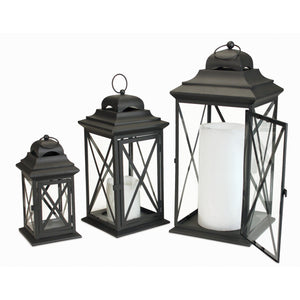 Homeroots Set Of Three Black Iron And Glass Geometric Floor Lantern Candle Holders   517556