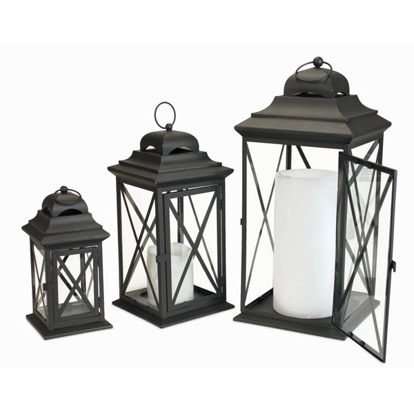 Homeroots Set Of Three Black Iron And Glass Geometric Floor Lantern Candle Holders   517556