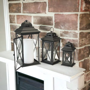 Homeroots Set Of Three Black Iron And Glass Geometric Floor Lantern Candle Holders   517556