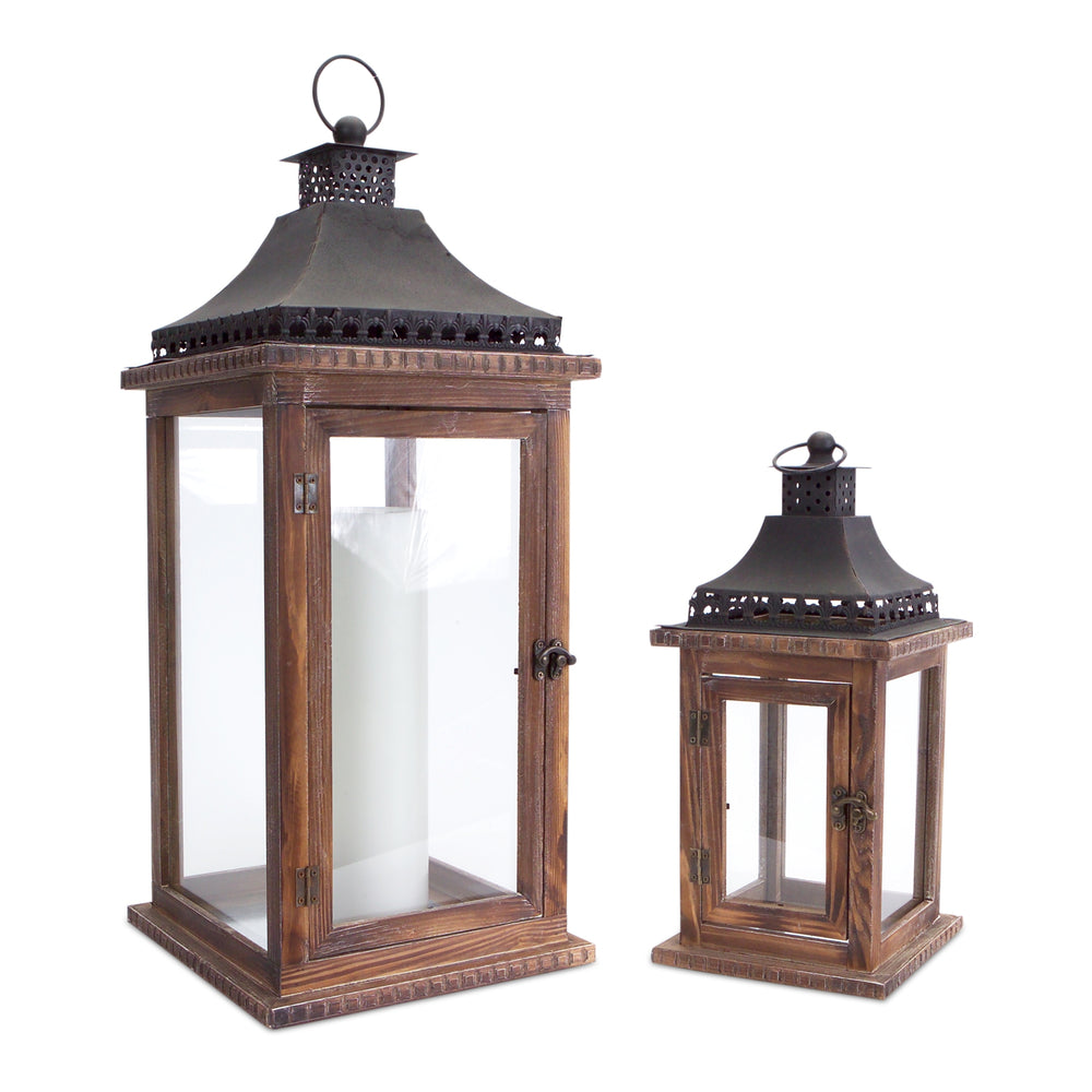 Homeroots Set Of Two Brown And Black Wood And Metal Ornate Floor Lantern Candle Holders   517557